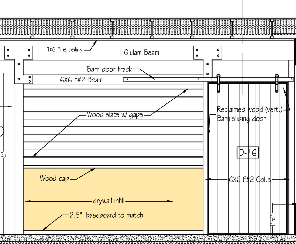 Design of barndoor and wooden slated shoji screen wall.