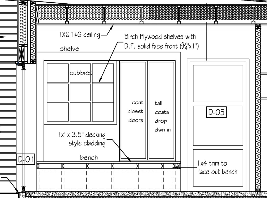 Design of entry mudroom, a place to sit and take off boots.
