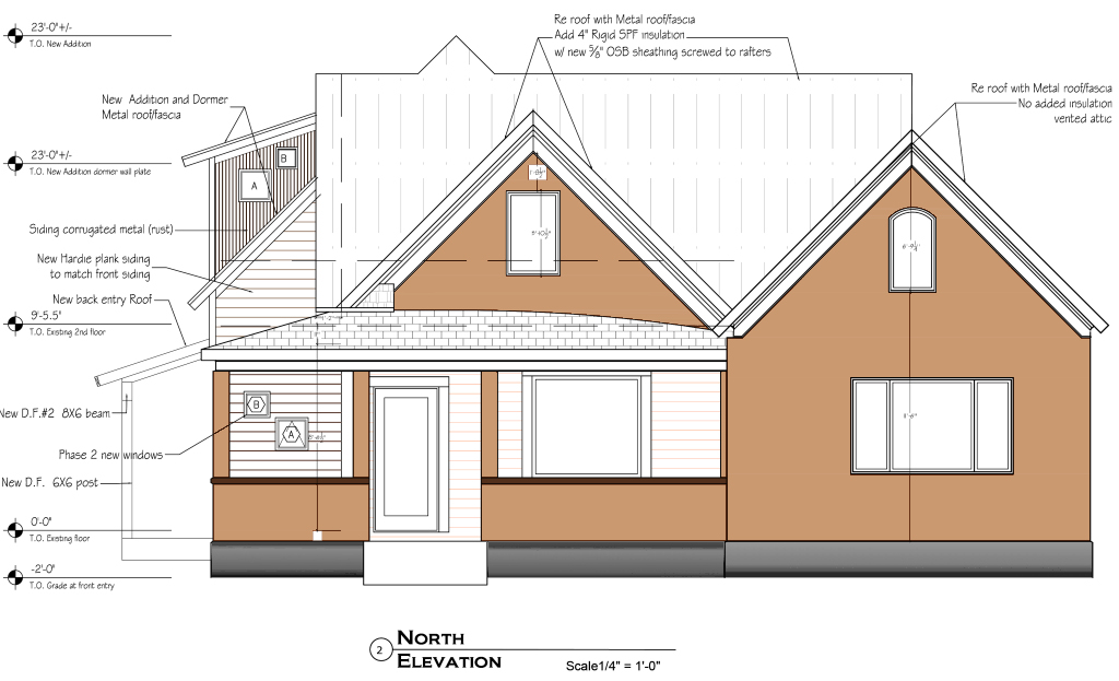 Drawing of addition to existing traditional home. Designed and drafted by Mark Pelletier.