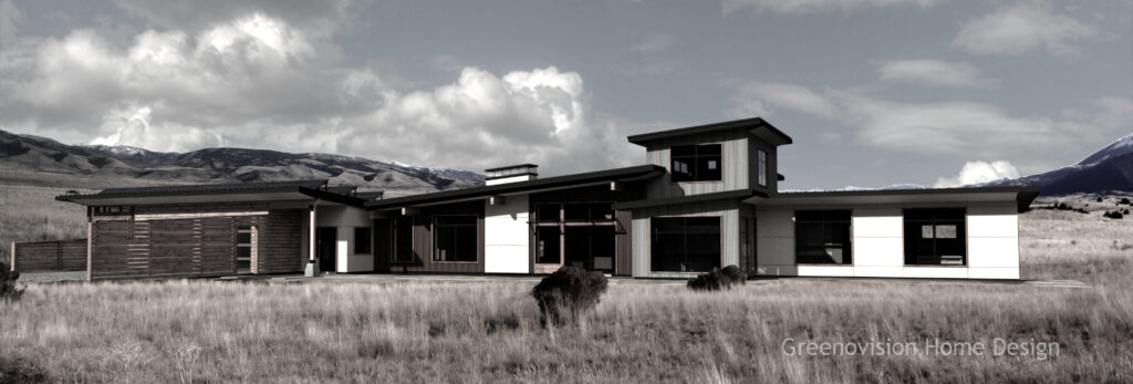 Home rendering by Mark Pelletier. Passive solar and active solar design.